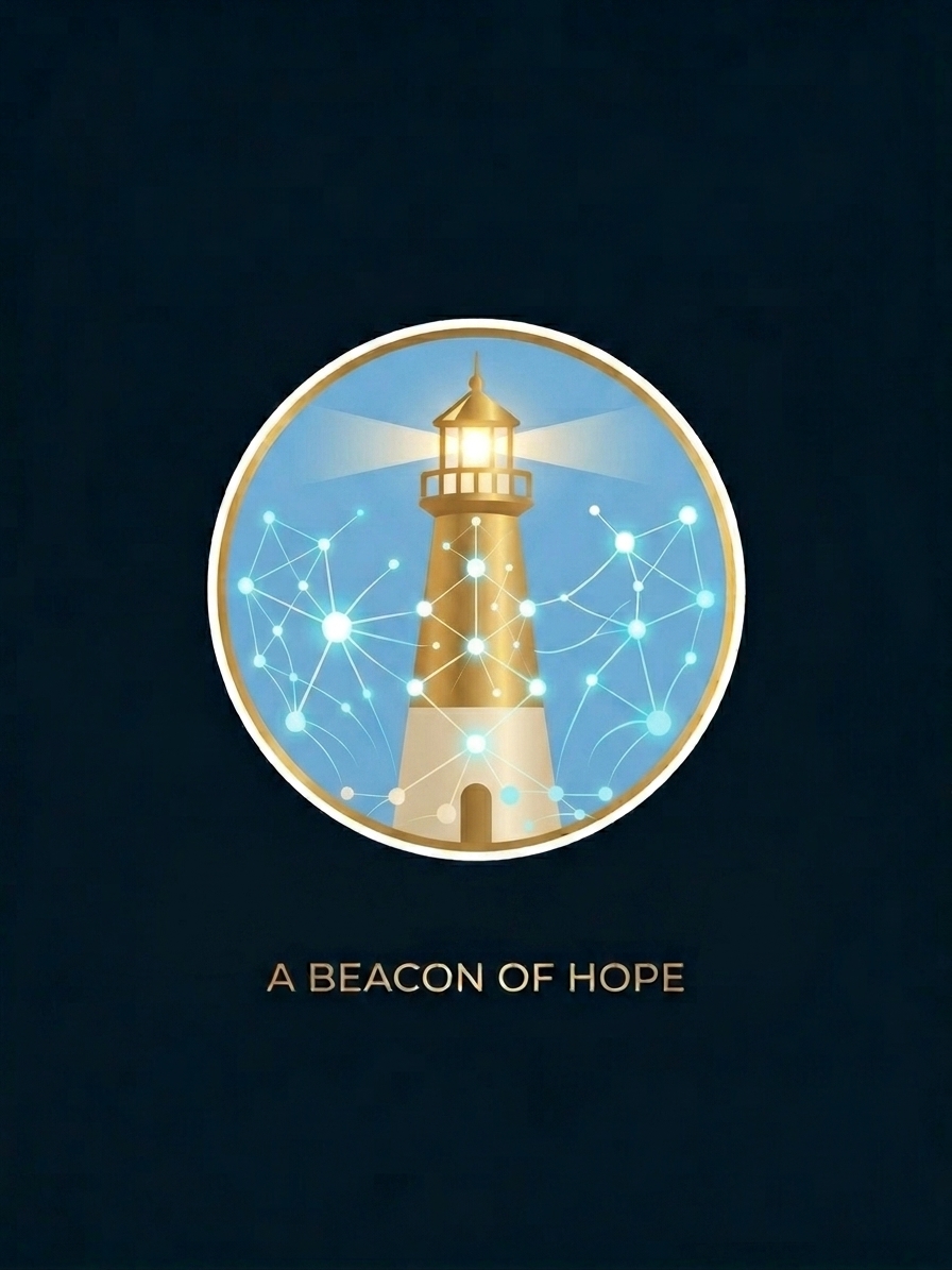 A lighthouse casting its light, the Beloved Minds beacon