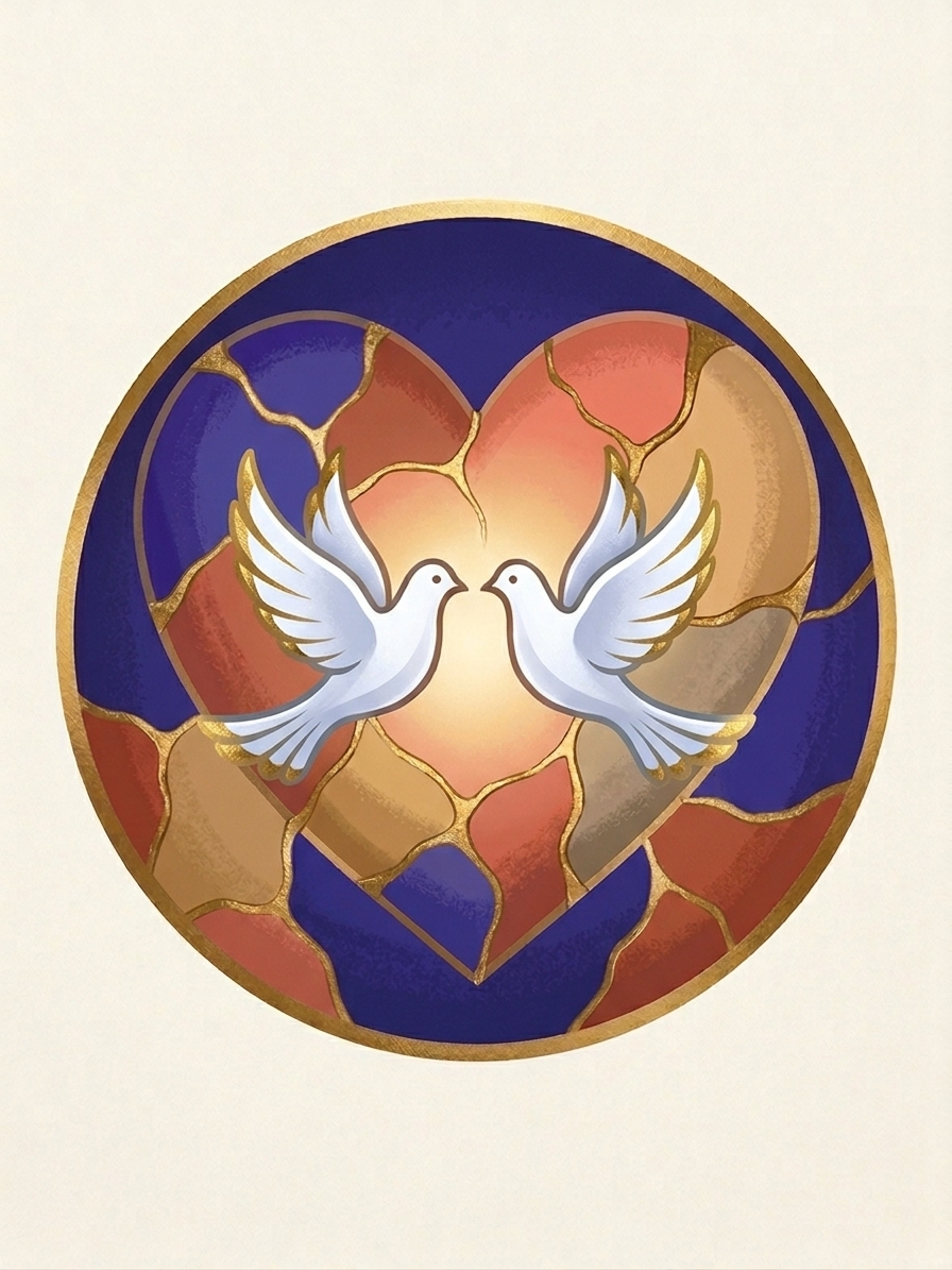 Two doves before a stained-glass heart