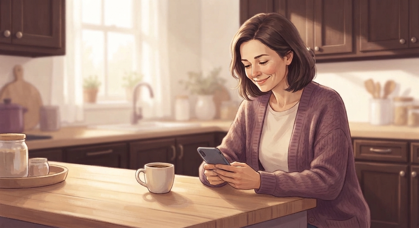 A daughter at her kitchen counter, reading the morning update about her mother